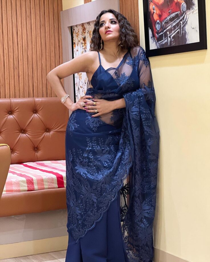 Monalisa Sets Internet On Fire In See-Through Transparent Blue Saree, Check Photos - 0