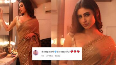 Mouni Roy exudes elegance in a golden saree, Disha Patani calls her ‘beautiful’