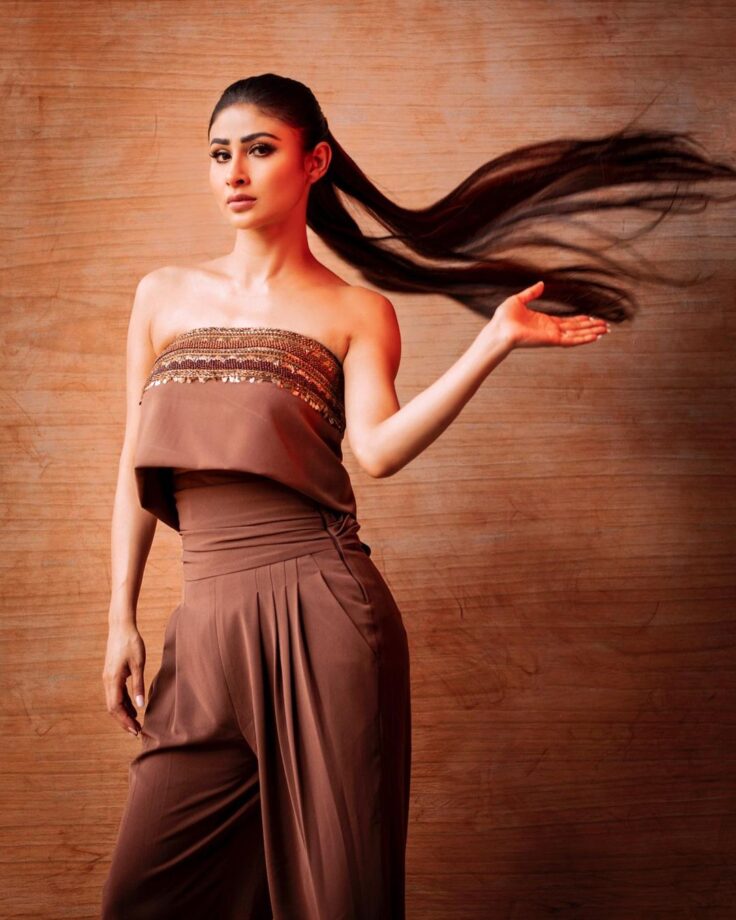 Mouni Roy exudes glam in chic brown off shoulder top and harem pant - 0