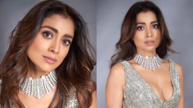 Shriya Saran gleams in silver sequinned deep plunging neck dress