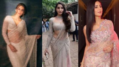 Katrina Kaif, Kriti Sanon and Nora Fatehi in stunning shimmery transparent see-through sarees, a visual delight