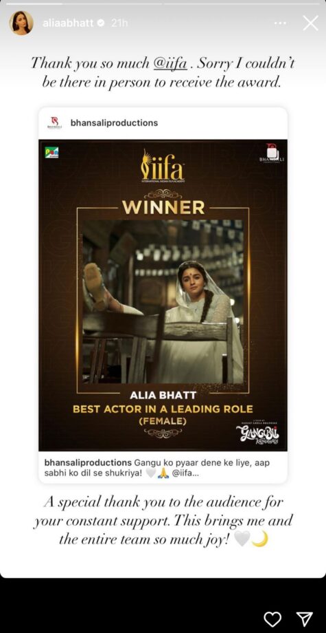 “This brings me and the entire team so much joy,” Alia Bhatt on bagging award for Gangubai Kathiawadi at IIFA 811030