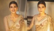 Kriti Sanon in Tarun Tahiliani taupe printed saree in satin organza, a visual delight