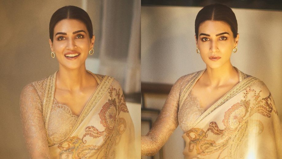 Kriti Sanon in Tarun Tahiliani taupe printed saree in satin organza, a visual delight 820860