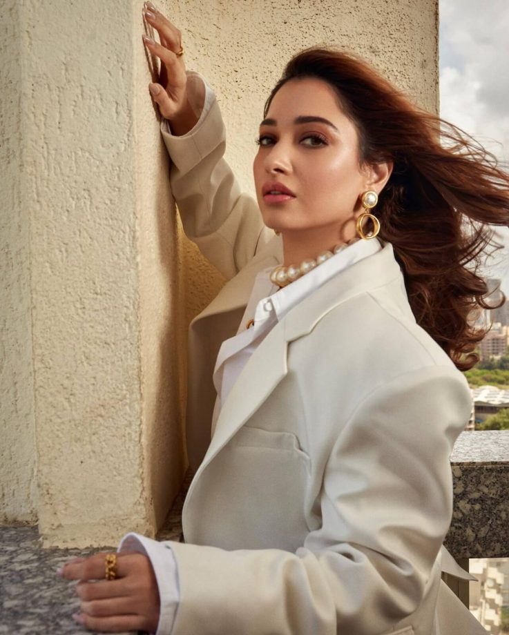 Tamannaah Bhatia buoys divine in beige pantsuit and pearls 813674