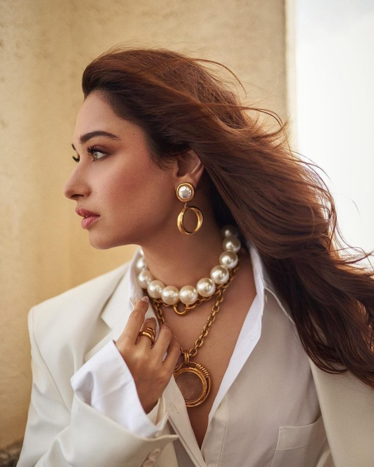 Tamannaah Bhatia buoys divine in beige pantsuit and pearls 813675