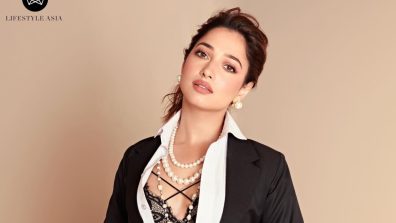 Tamannaah Bhatia exudes vintage glam in black satin jacket and Victoria Secret bralette