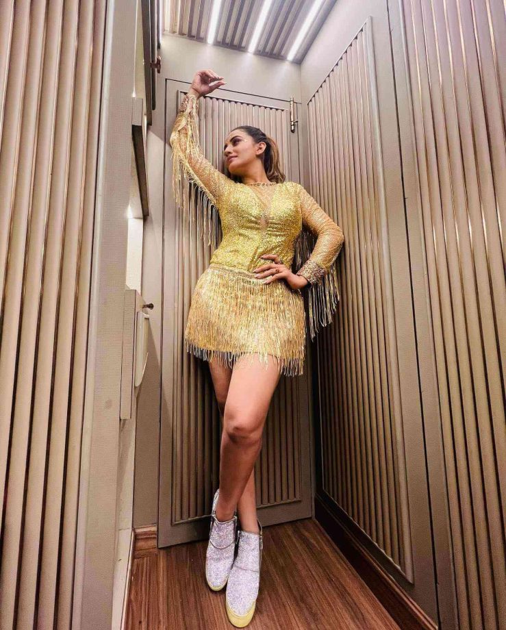 In Pics: Akshara Singh Sparkles In Golden Mini Dress 832043