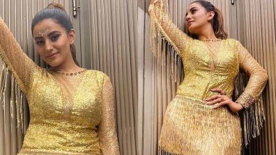 In Pics: Akshara Singh Sparkles In Golden Mini Dress