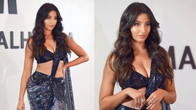 Nora Fatehi Sizzles In Sequin Indo Western Saree By Manish Malhotra