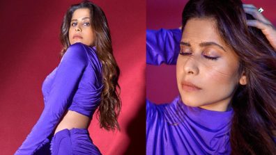 Saie Tamhankar Embodies Glamour In Purple High Neck Top And Skirt