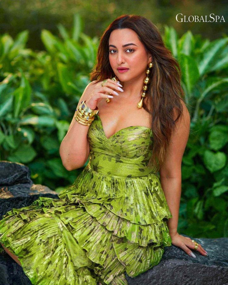 Sonakshi Sinha camouflages with nature in green ruffle ensemble 836195