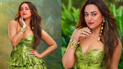 Sonakshi Sinha camouflages with nature in green ruffle ensemble