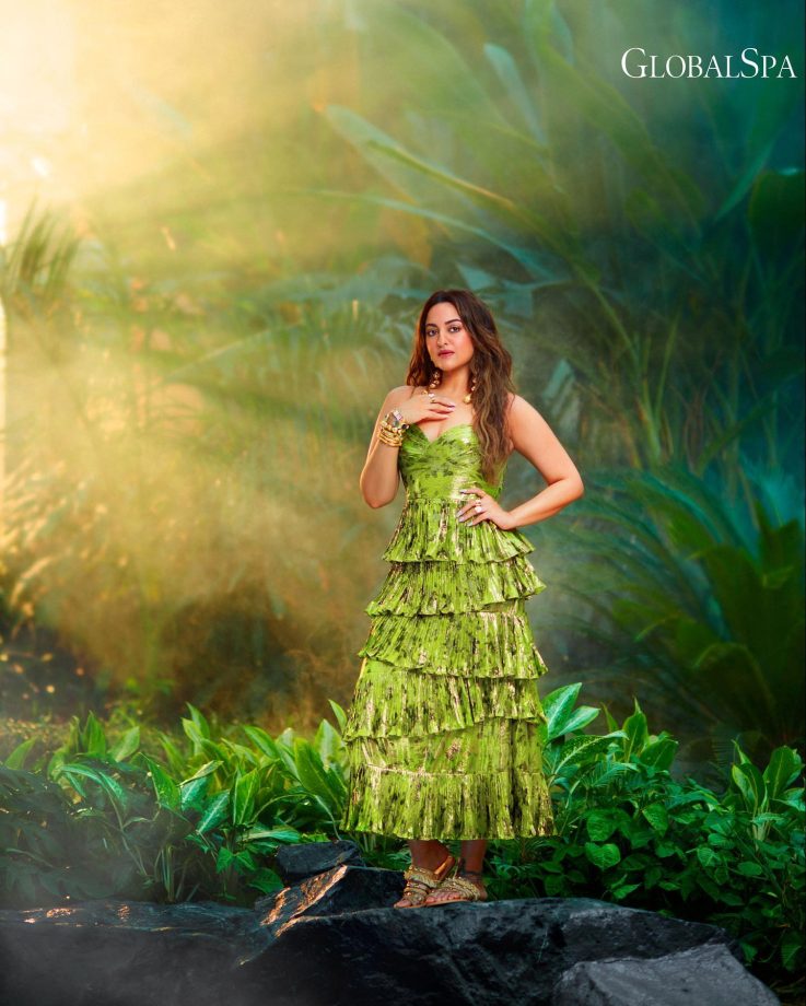 Sonakshi Sinha camouflages with nature in green ruffle ensemble 836192