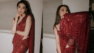 Kajal Aggarwal Sets Fire To The Rain In Shimmery Red Sequin Saree