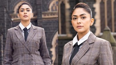 Mrunal Thakur prompts boss glam in checkered suit, see pics