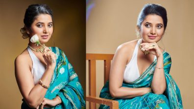 Prajaktta Mali Looks Magical In Blue Saree And White Halter Neck Blouse