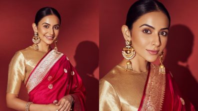 Rakul Preet Singh blows saree siren in red ‘Chand Buta’ Varanasi silk