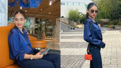 Ace Street Style Like Anushka Sen In Navy Blue Shirt, Jeans Pant With Red Lipstick Shade And Specs