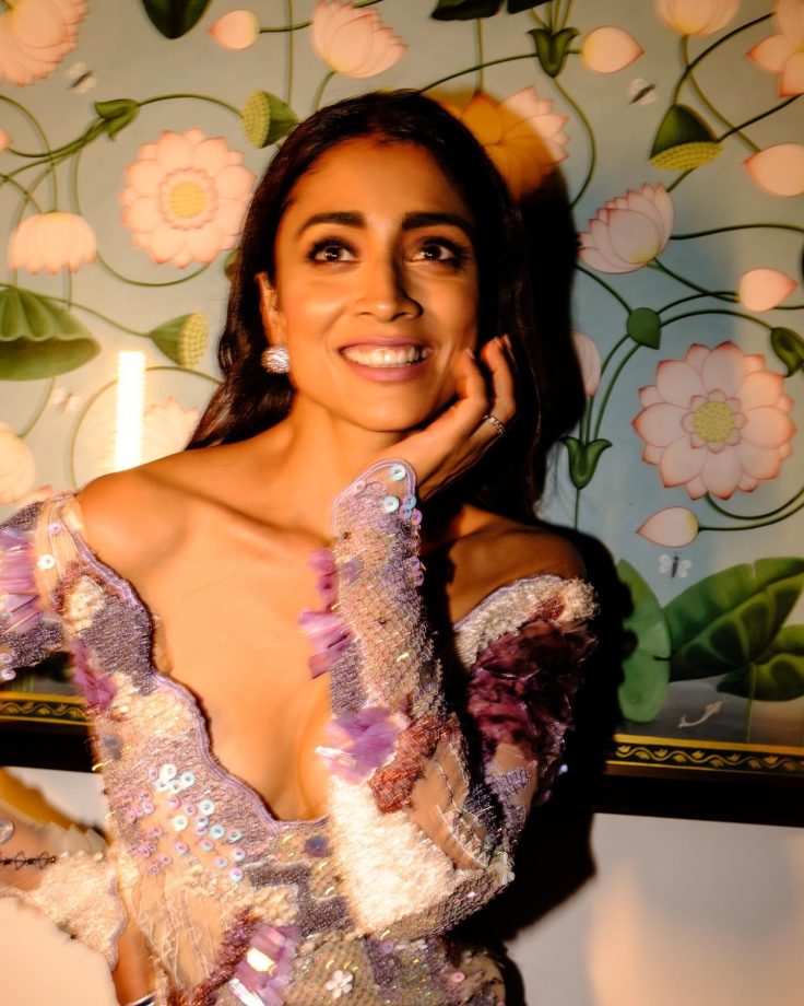 Bold Photos: Shriya Saran Turns Barbie In Periwinkle CrysMesh Floral Dress With Low Neckline 849954