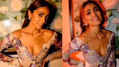 Bold Photos: Shriya Saran Turns Barbie In Periwinkle CrysMesh Floral Dress With Low Neckline