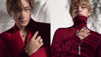 BTS V Looks Swanky In Red Tailored Blazer And Trouser With Gold Accessories [Photos]