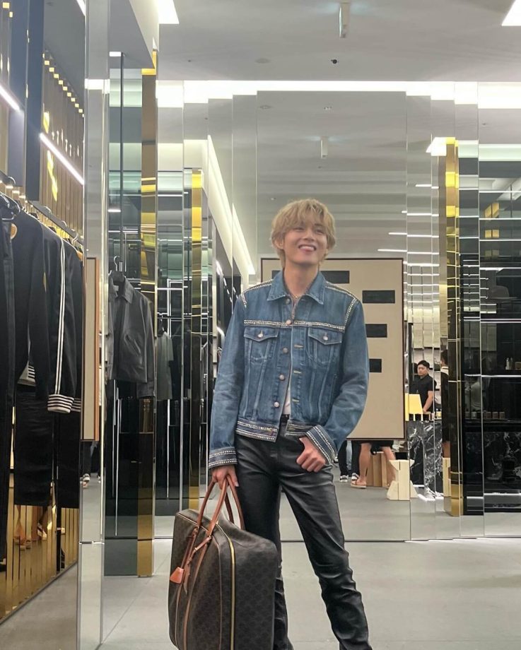 BTS V Photos: Styling denim jacket and black latex pant 850142