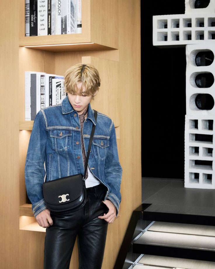 BTS V Photos: Styling denim jacket and black latex pant 850148