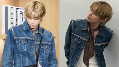 BTS V Photos: Styling denim jacket and black latex pant