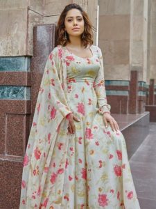 Nushrratt Bharuccha Looks Pretty In Creamy Floral Anarkali