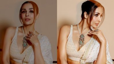 Festive Perfection! Malaika Arora’s pearl white embellished saree and daring deep neck blouse design