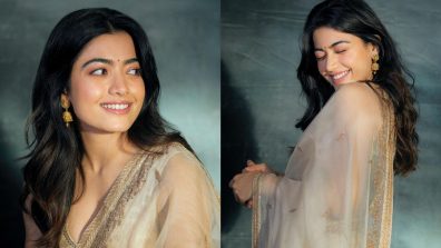 Glowing like gold! Rashmika Mandanna is dream in beige saree and deep plunge blouse design