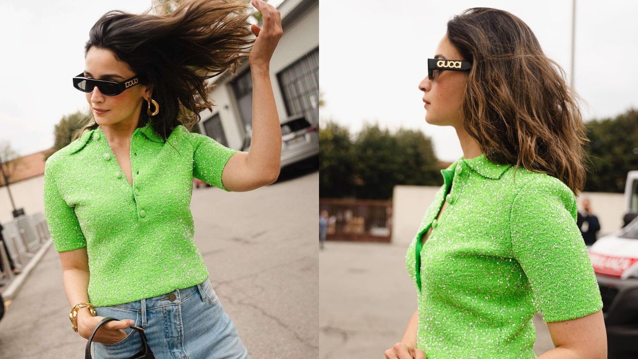 Gucci's Global Ambassador Alia Bhatt shines in green bling T-shirt and bell-bottom jeans at Milan Fashion Week 854627