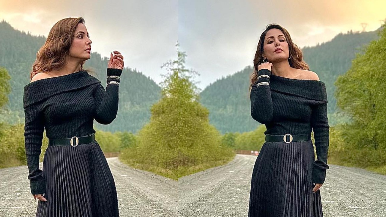 Hina Khan's Off-shoulder Cardigan And Pleated Skirt With Boots Are Dreamy Autumn Goals 856623