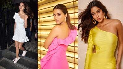 In Photos! Janhvi Kapoor, Kriti Sanon and Disha Patani get the preppy quotient perfect in one shoulder dresses