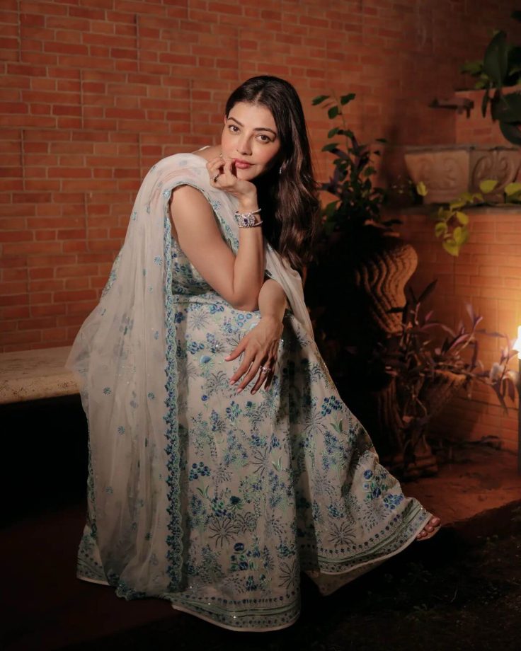 Kajal Aggarwal Is Desi In Chikankari Anarkali Suit Set With Necklace Set 855620