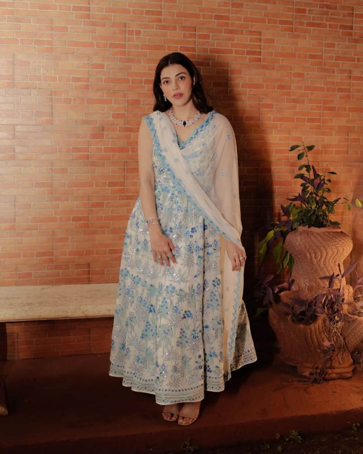 Kajal Aggarwal Is Desi In Chikankari Anarkali Suit Set With Necklace Set 855621