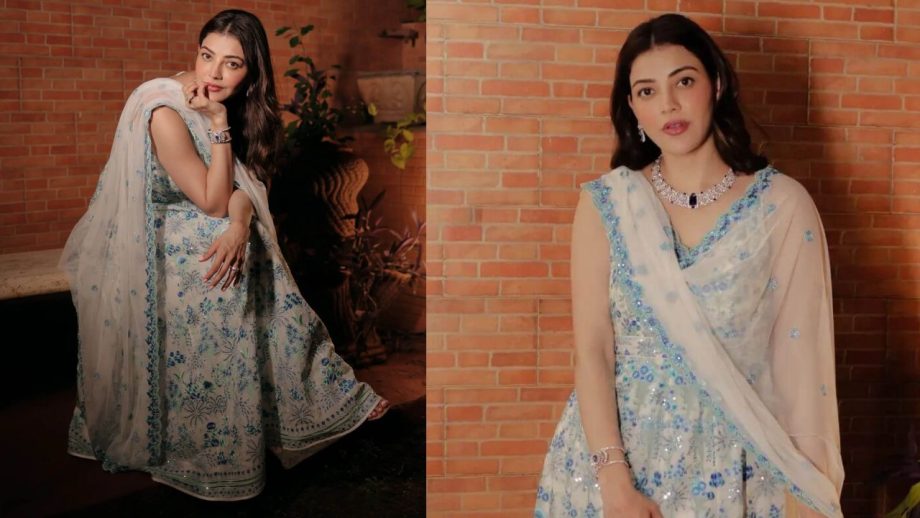 Kajal Aggarwal Is Desi In Chikankari Anarkali Suit Set With Necklace Set 855622