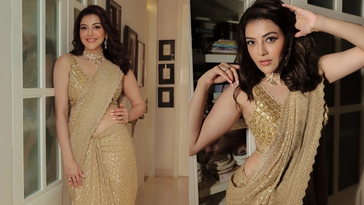 Kajal Aggarwal shines in her heavy embellished gold saree and plunge neck blouse design 853529