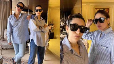 Karisma Kapoor Twins With Sister Kareena Kapoor In Baggy Striped Shirt And Denim With Black Glasses