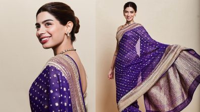 Khushi Kapoor poses In Purple Silk Saree And Gold Blouse With Diamond Choker Necklace [Photos]