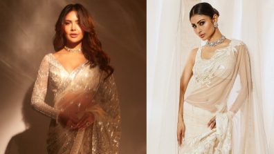 Mouni Roy And Esha Gupta Exude Glitter And Glamour In Ivory See-through Saree, Designer Blouse With Choker