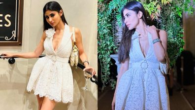 Mouni Roy Is Centre Of Attraction In White Plunge-neck Mini Dress With Boots Heels, Handbag