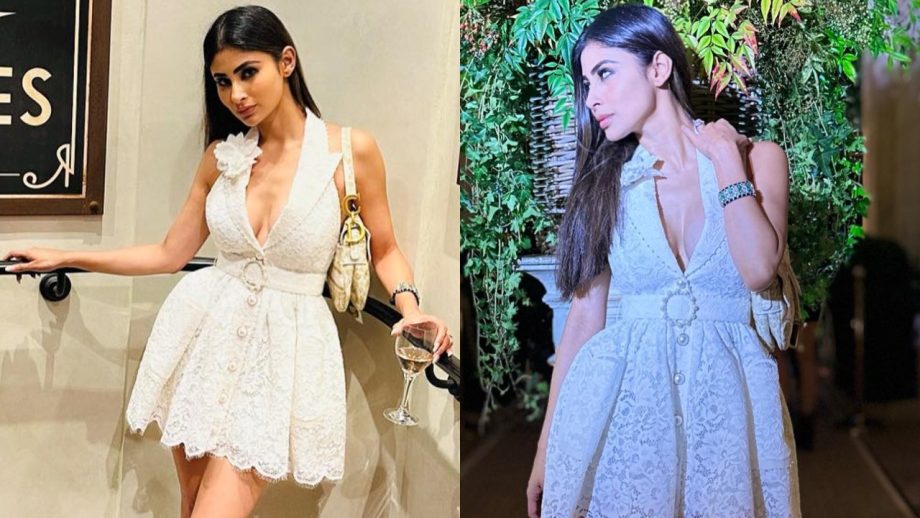 Mouni Roy Is Centre Of Attraction In White Plunge-neck Mini Dress With Boots Heels, Handbag 856758