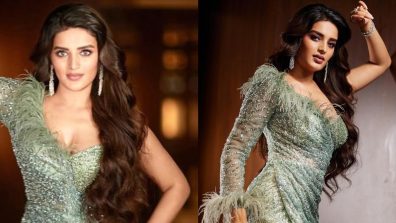 Niddhi Agerwal Makes Stellar Appearance In Pastel Green Glitter Embellished Thigh-high Slit Gown With Frills And Accessories