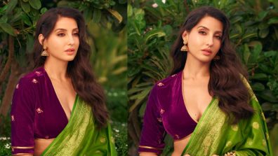 Nora Fatehi looks divine in velvet deep neck blouse and green saree