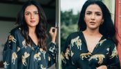 Oomph Reigns! Jasmin Bhasin cuts it chic in black deep-neck satin shirt dress