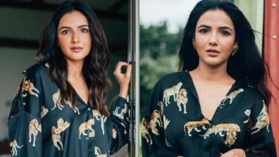 Oomph Reigns! Jasmin Bhasin cuts it chic in black deep-neck satin shirt dress