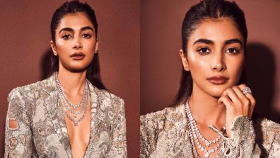 [Photos] Pooja Hedge Radiates Charm In Sparkling Silver Plunge-neckline Blazer And Trouser With Statement Accessories