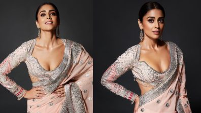 [Photos] Shriya Saran stuns in peach heavy embroidered saree with deep neck blouse design